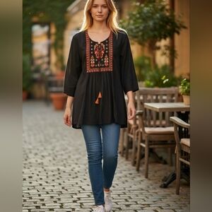 Chokhi Bandhani Black Embroidered Boho Blouse XL Tassel Tie Top